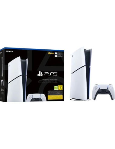 Boîte de la PS5 Slim digitale avec console et manette posées – Console Sony au Maroc