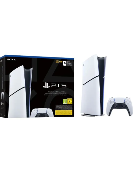 Boîte de la PS5 Slim digitale avec console et manette posées – Console Sony au Maroc